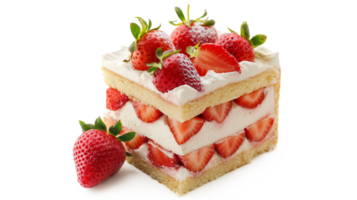 A slice of strawberry cake with strawberries on top. The cake is cut in half and has a strawberry on each half isolated on a transparent background png