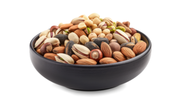 Almonds pistachios hazelnuts and round nuts in bowl isolated on a transparent background png