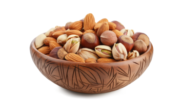 Almonds pistachios hazelnuts and round nuts in bowl isolated on a transparent background png