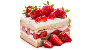 A slice of strawberry cake with strawberries on top. The cake is cut in half and has a strawberry on each half isolated on a transparent background png