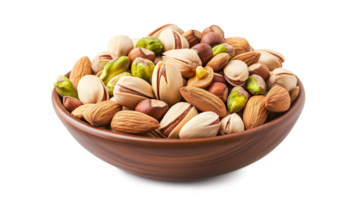 Almonds pistachios hazelnuts and round nuts in bowl isolated on a transparent background png