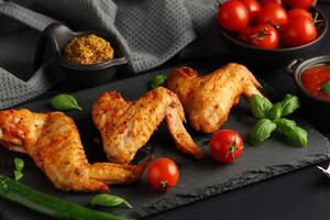 Chicken wings with vegetables and herbs. plate of grilled chicken wings photo
