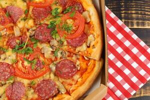 pizza in box open. Pizza in the in delivery box photo