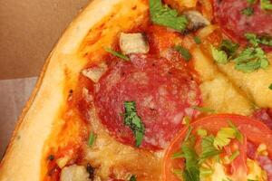 pizza in box open. Pizza in the in delivery box photo