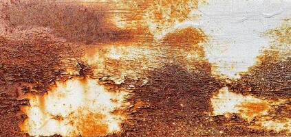White rusty metal rotten sheet Wide background. Weathered iron rusty isolated metallic texture. Coated steel structure. Abstract web banner. photo