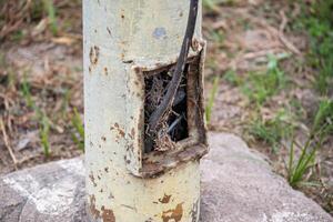 Light pole with dangerous cables exposed and in poor condition. Public electrical installation in poor condition. photo