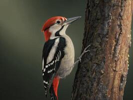 Great spotted woodpecker clinging to a tree trunk photo