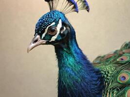 Close-up of a peacock with a striking crown of feathers against a beige background photo