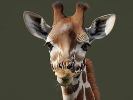 Giraffe with dark green background looking into camera photo