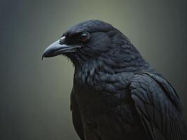 Side profile of a black raven with a solemn expression photo