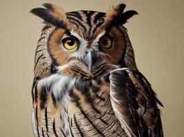 Close-Up Portrait of a Great Horned Owl with Intense Yellow Eyes photo