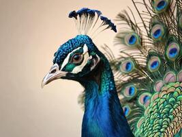 Close-up of a peacock with a striking crown of feathers against a beige background photo