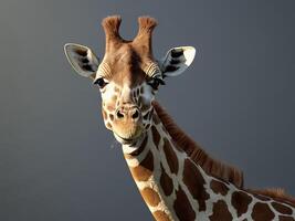 Giraffe facing camera with light and shadow play on grey background photo