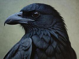 Close-Up of a Raven with Glossy Black Feathers and Intense Gaze photo