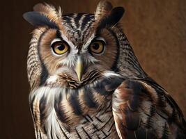 Close-Up Portrait of a Great Horned Owl with Intense Yellow Eyes photo