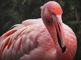 Close-up of a pink flamingo with a curved beak and detailed feathers photo