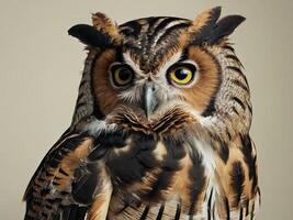 Close-Up Portrait of a Great Horned Owl with Intense Yellow Eyes photo
