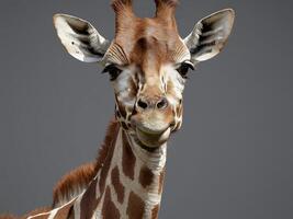Giraffe looking directly at camera with grey background photo