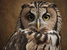 Close-Up Portrait of a Great Horned Owl with Intense Yellow Eyes photo