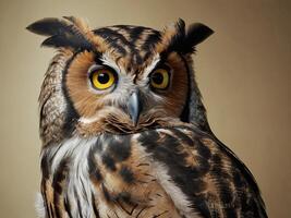Close-Up Portrait of a Great Horned Owl with Intense Yellow Eyes photo