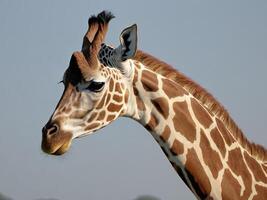 Side profile of a giraffe in natural habitat under blue sky photo