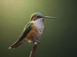 Small Hummingbird with Green and Brown Plumage Perched on a Branch photo