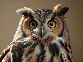 Close-Up Portrait of a Great Horned Owl with Intense Yellow Eyes photo