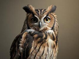 Close-Up Portrait of a Great Horned Owl with Intense Yellow Eyes photo