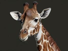 Detailed close-up of a giraffe's face with dark background photo