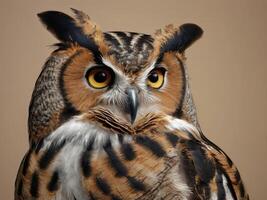 Close-Up Portrait of a Great Horned Owl with Intense Yellow Eyes photo