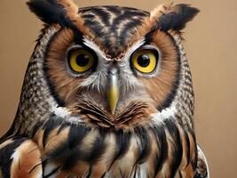 Close-Up Portrait of a Great Horned Owl with Intense Yellow Eyes photo
