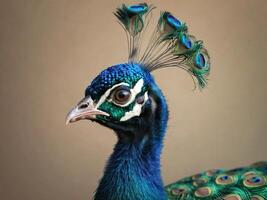 Close-up of a peacock with vibrant blue and green feathers against a neutral background photo