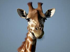 Giraffe against clear blue sky with head tilted photo