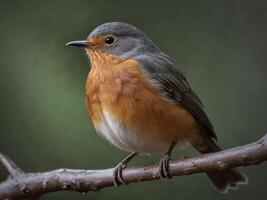 European robin perched on a branch with green background photo