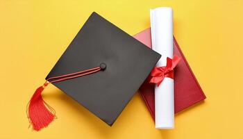 a graduation cap and diploma on a yellow background photo