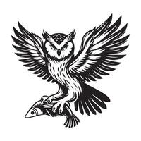 Strigiformes Outline Design - A Owl Perched on Prey illustration in black and white vector