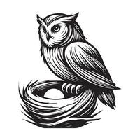 Strigiformes Outline Design - An owl Nest Guarding illustration in black and white vector