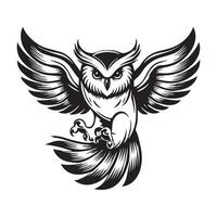 Strigiformes Outline Design -An Owl Landing illustration in black and white vector