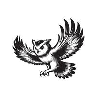 Strigiformes Outline Design - An Owl In Flight illustration in black and white vector