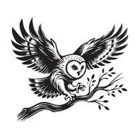 Strigiformes Outline Design - An Owl Branch Swoop illustration in black and white vector