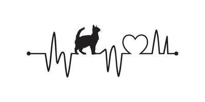 Heartbeat line with Japanese Bobtail Cat silhouette, Cat and Heartbeat frequency with Heart Love illustration vector