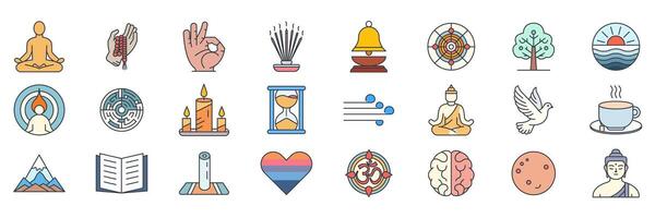 meditation icons set, Included icons as Lotus Pose, Candle, Labyrinth, Hourglass and more symbols collection, logo isolated illustration vector