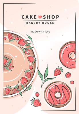 Cake shop. Different desserts, pastry dishes, ingredients for baking items, donuts.