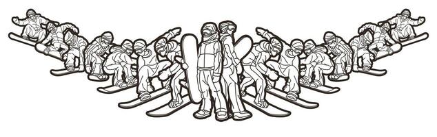 Outline Group of Snowboarder Mix Action Snowboard Sport Player vector