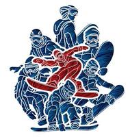 Silhouette Group of Snowboard Players Mix Action vector