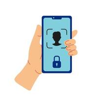 Hand Holding Smartphone With Face Recognition Lock vector
