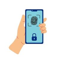 Hand Using Fingerprint Scanner on Smartphone vector