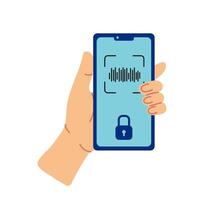 Hand Holding Smartphone With Fingerprint Scan and Lock Icon vector