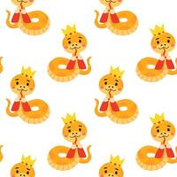 A repeating pattern featuring cartoon snakes wearing gold crowns and red cloaks. vector