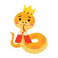 A cartoon snake wearing a crown and cape, with a smile on its face. vector